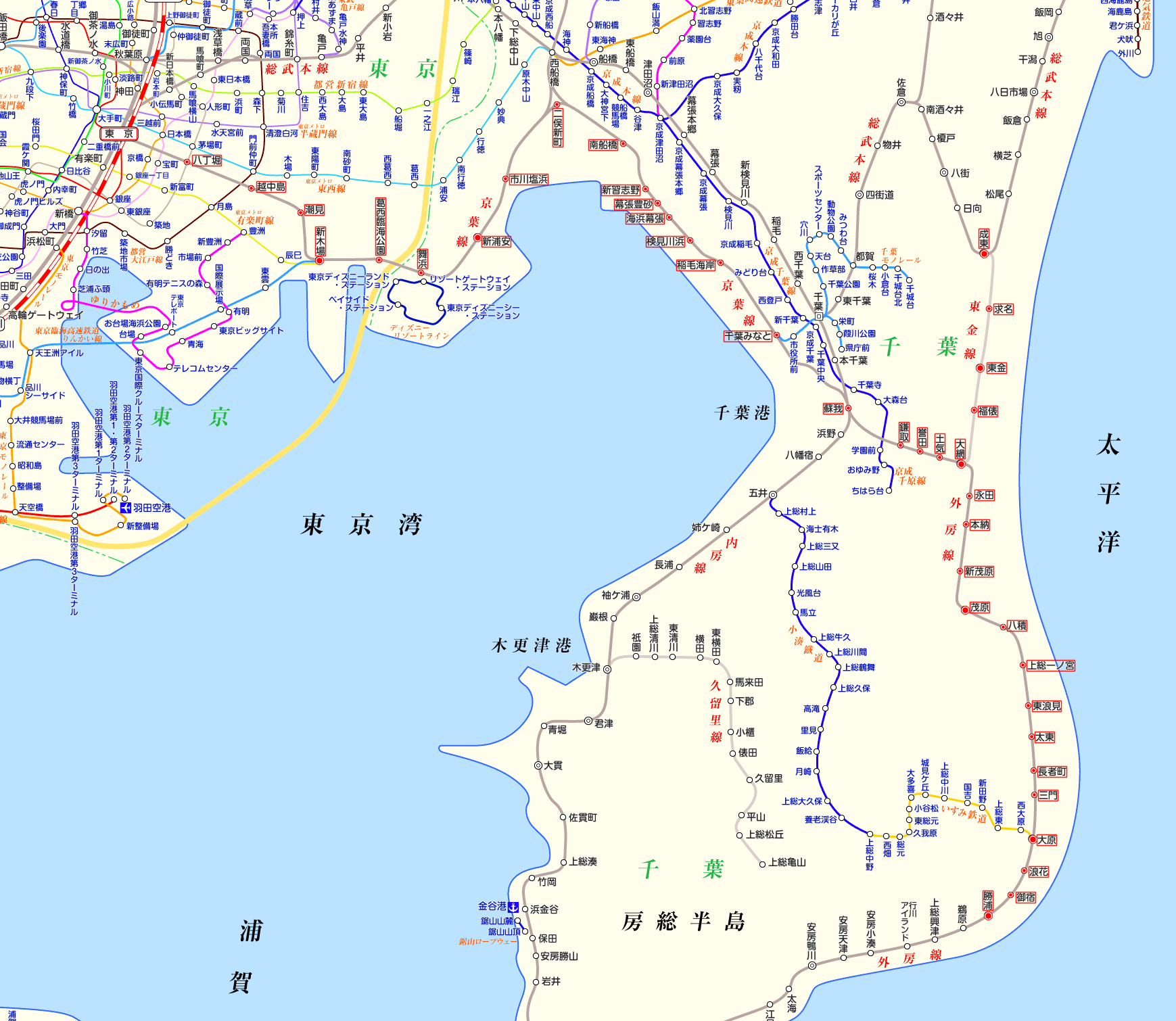 京葉線⇔外房線・東金線直通の路線図