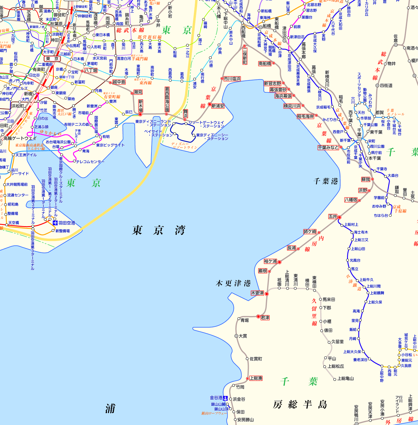 京葉線⇔内房線直通の路線図