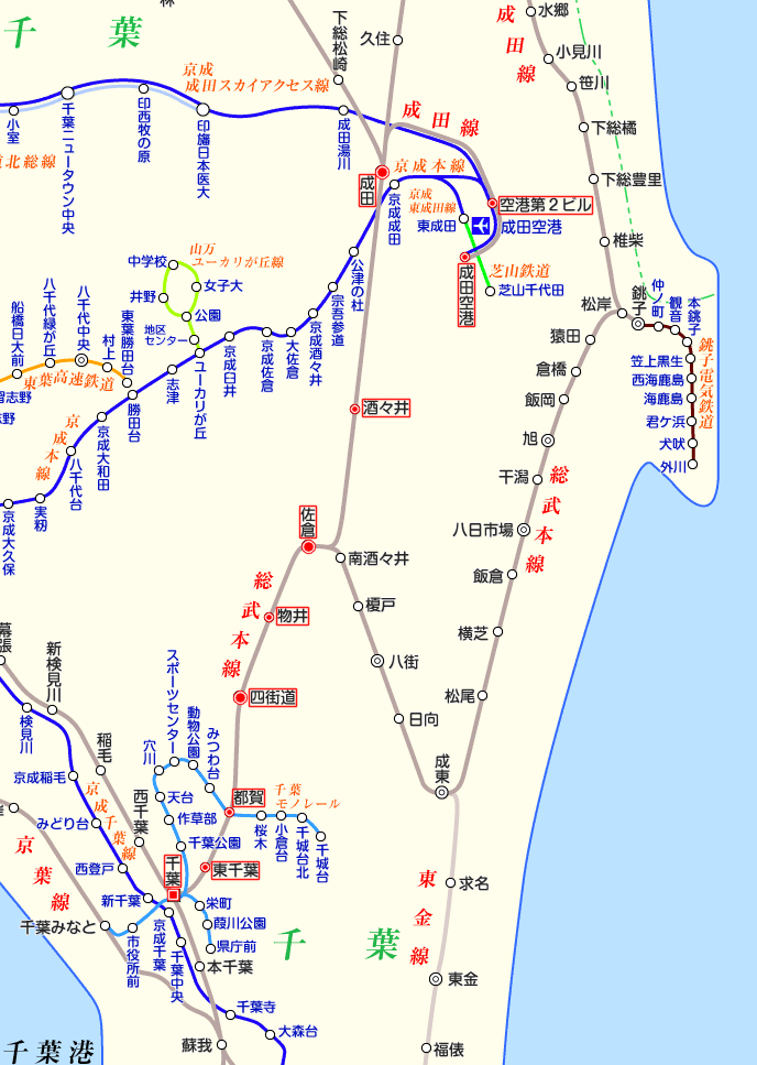 成田線（千葉から成田空港）の路線図