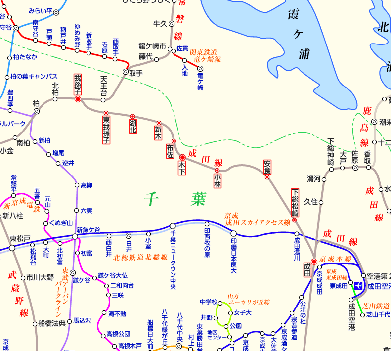成田線（我孫子から成田）の路線図