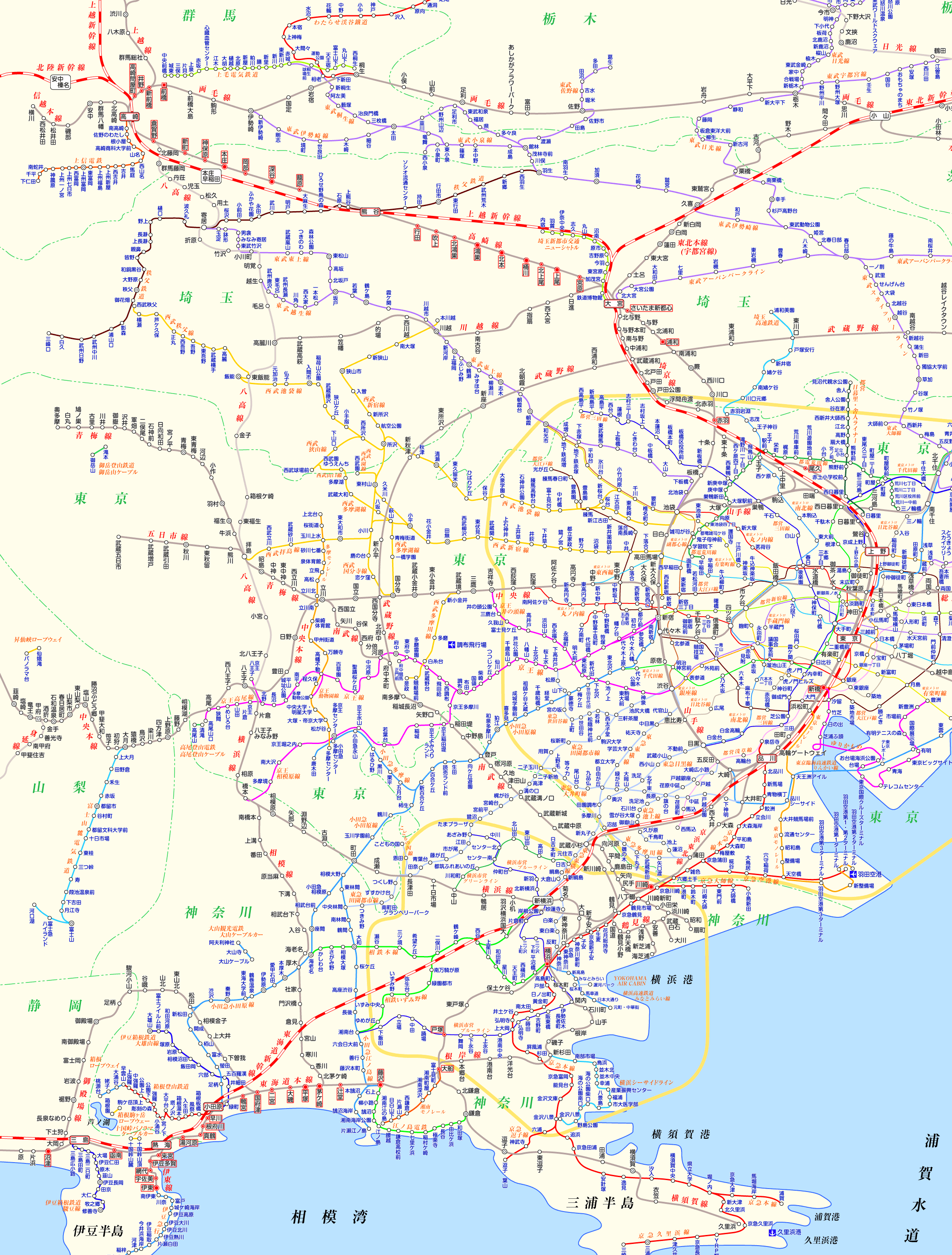 上野東京ライン（東海道線⇔高崎線直通）の路線図