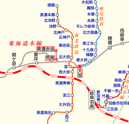 東海道線（大垣から美濃赤坂）の路線図