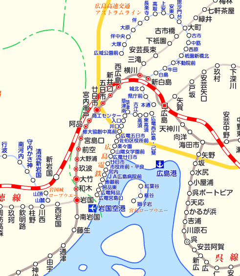 山陽線（広島から岩国）の路線図
