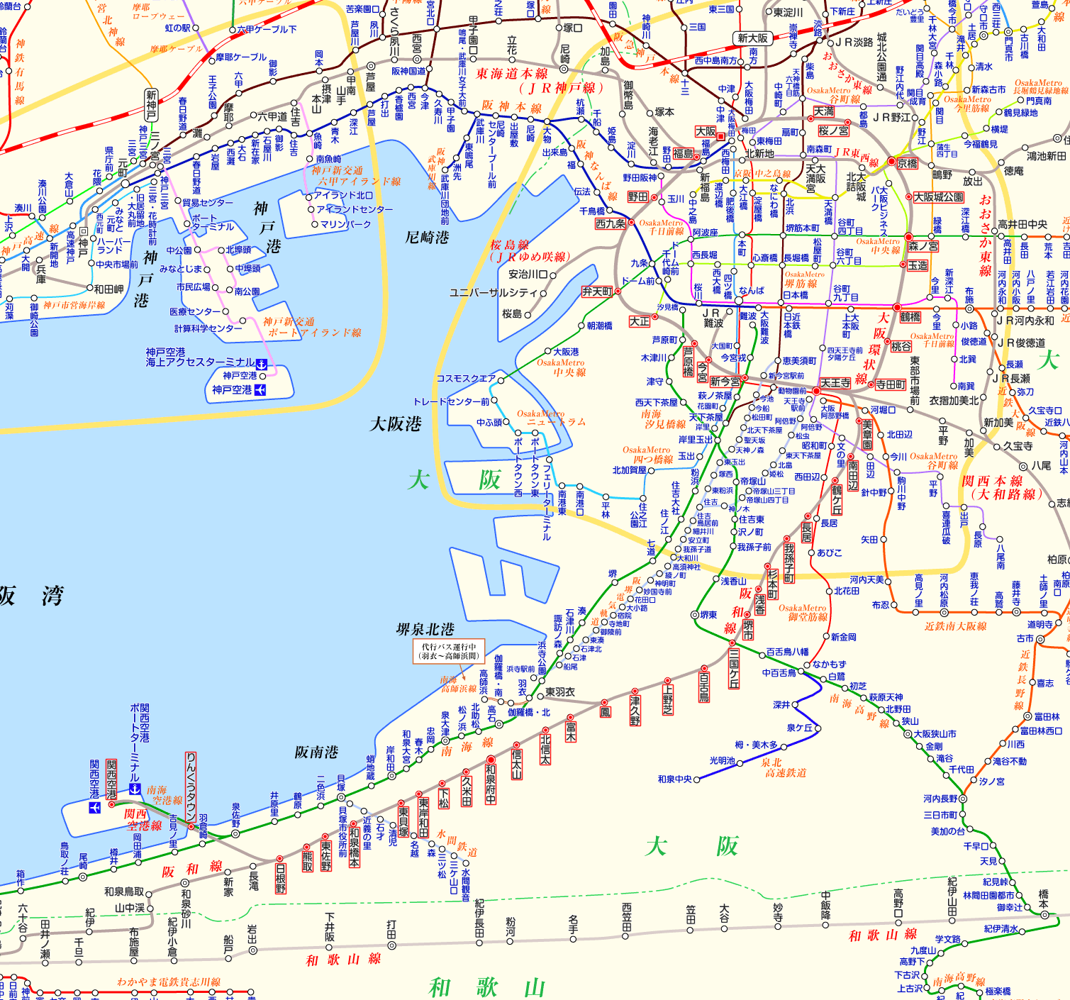 大阪環状線 関西空港行きの路線図