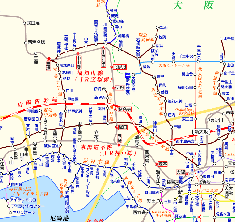 JR宝塚線（福知山線）宝塚行きの路線図