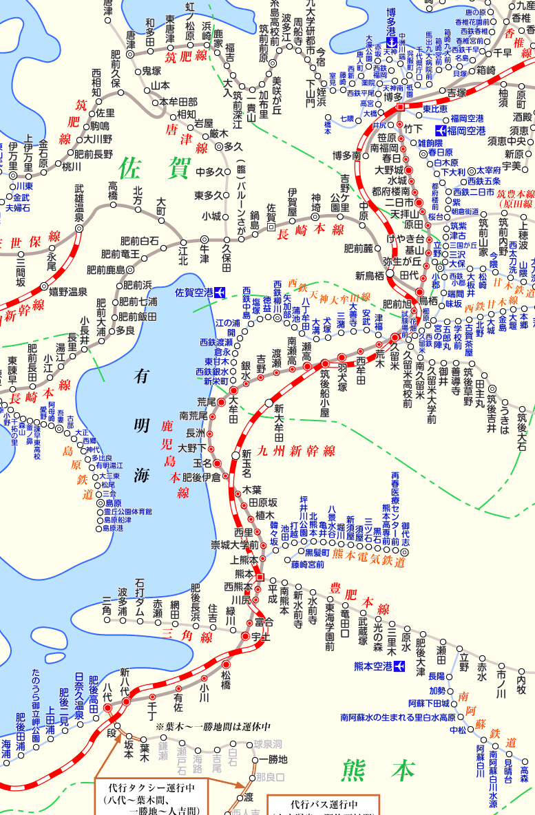 鹿児島本線(博多～八代)区間快速の路線図