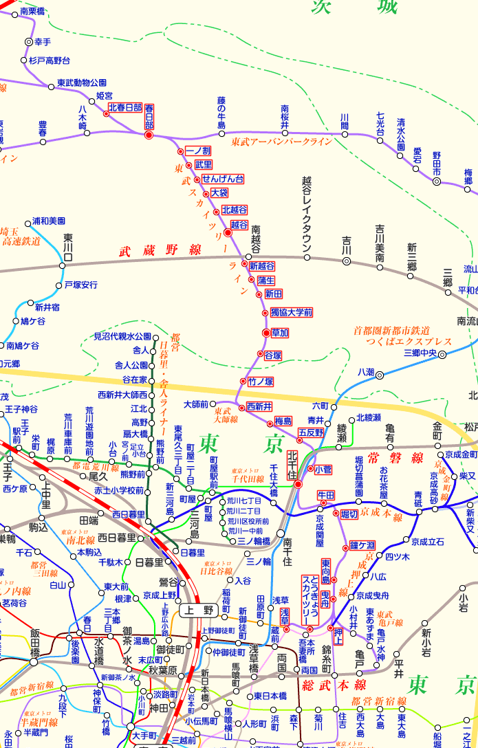 東武スカイツリーライン 北春日部行きの路線図