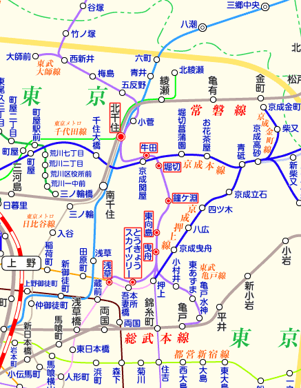 東武スカイツリーライン 北千住行きの路線図