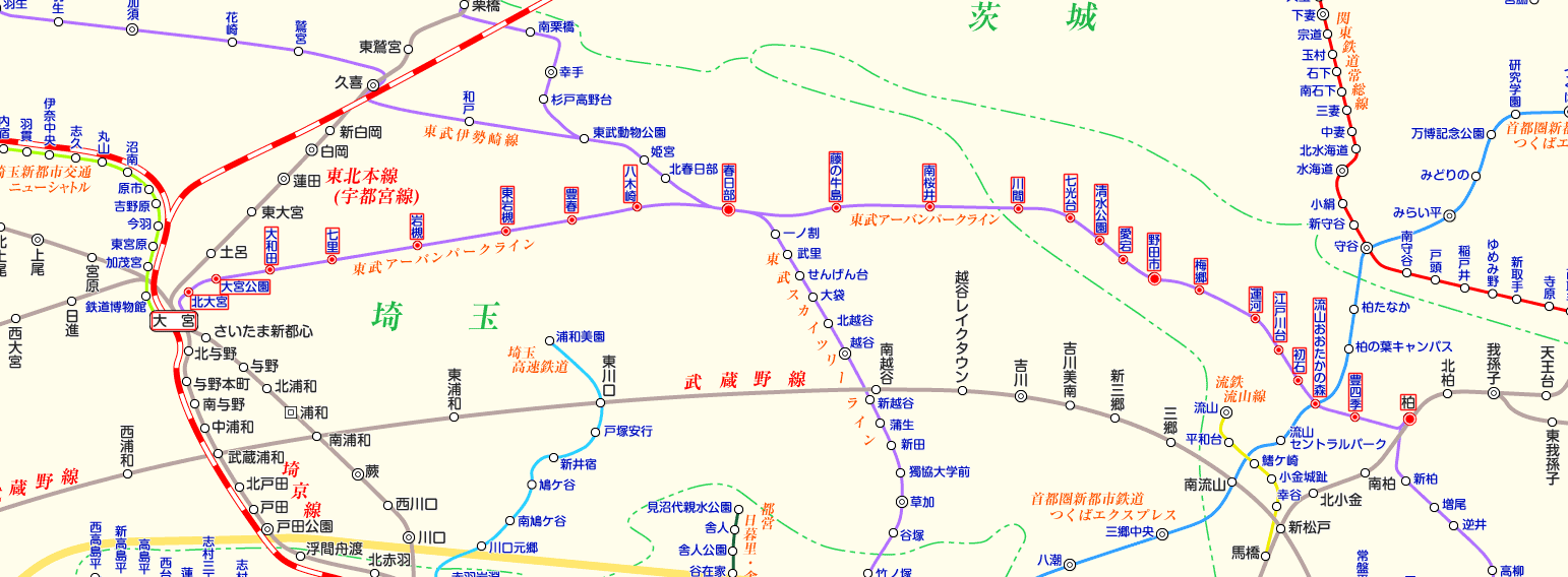 東武アーバンパークライン 柏行き（下り）の路線図
