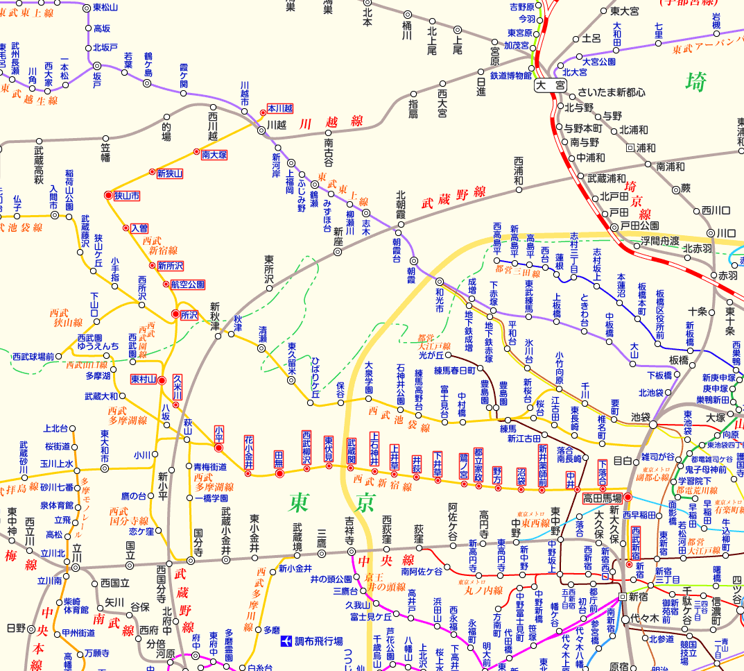 西武新宿線 西武新宿行きの路線図