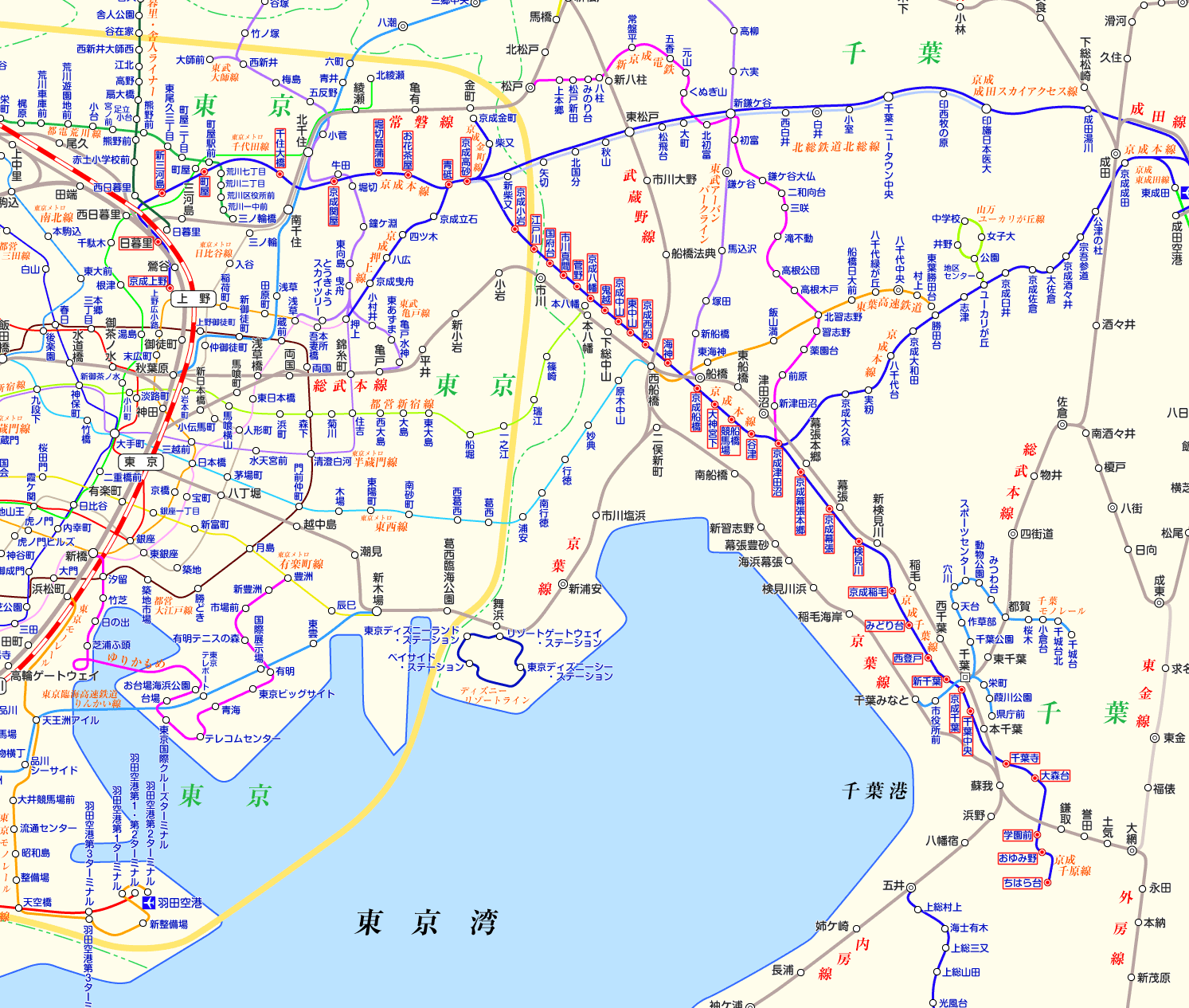 京成本線⇔京成千葉線⇔京成千原線直通の路線図