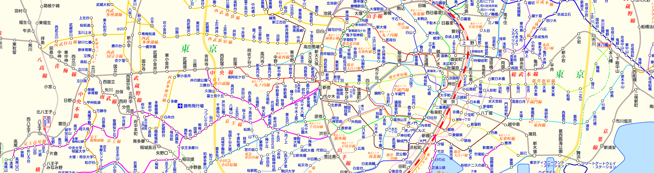 京王線→都営新宿線直通（京王八王子・高尾山口→本八幡）の路線図