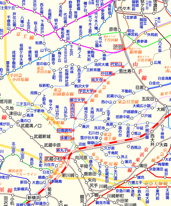 東急東横線 武蔵小杉行きの路線図