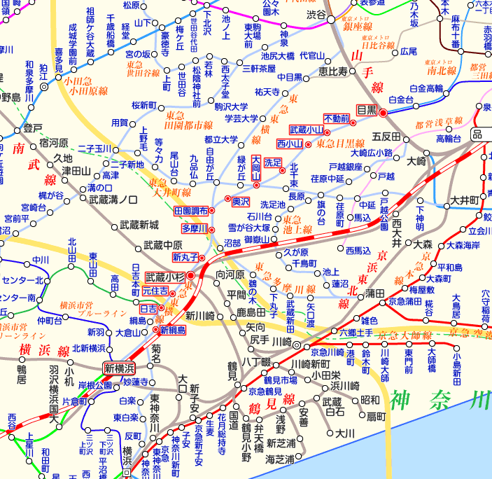 東急目黒線 新横浜行きの路線図
