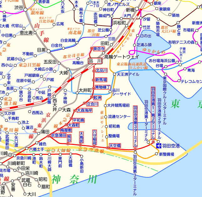 京急本線（品川方面）⇔京急空港線 直通の路線図
