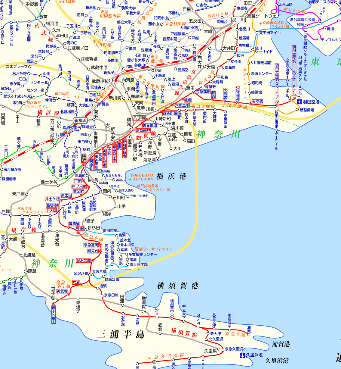 京急逗子線（横浜方面）⇔京急空港線 直通の路線図