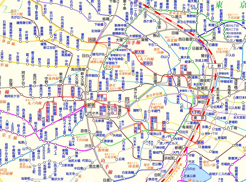 丸ノ内線⇔支線 直通（池袋-方南町）の路線図