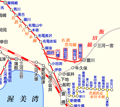 名鉄豊川線の路線図