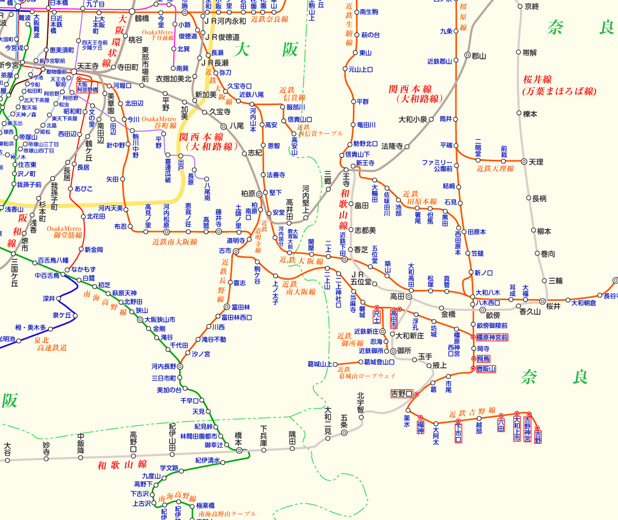 近鉄特急（大阪⇔吉野）の路線図