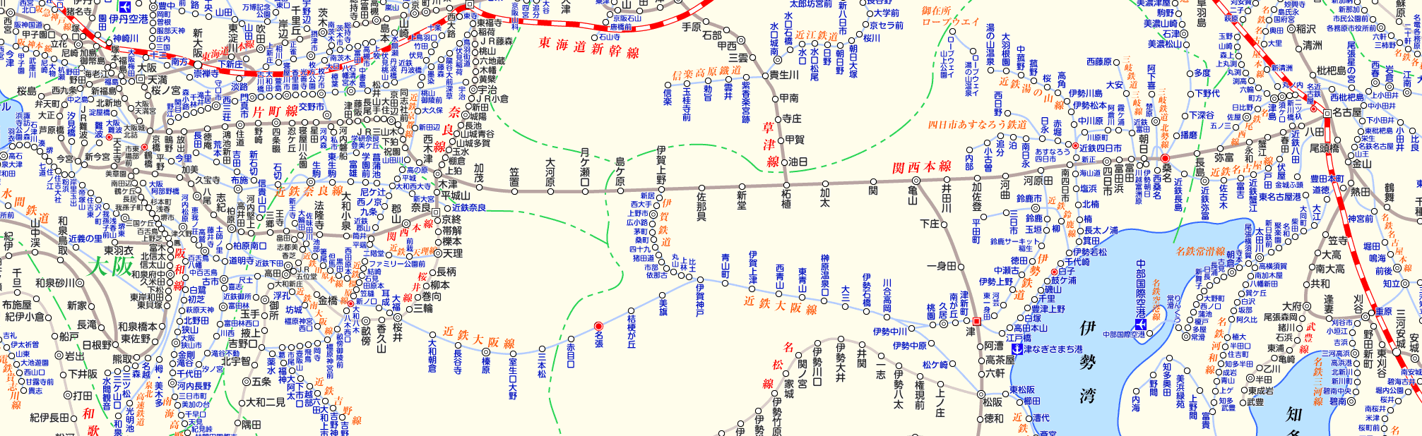 「近鉄特急」「ひのとり号」（大阪⇔名古屋）の路線図