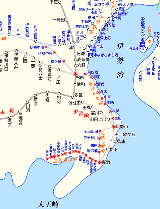 近鉄山田線・鳥羽線・志摩線の路線図