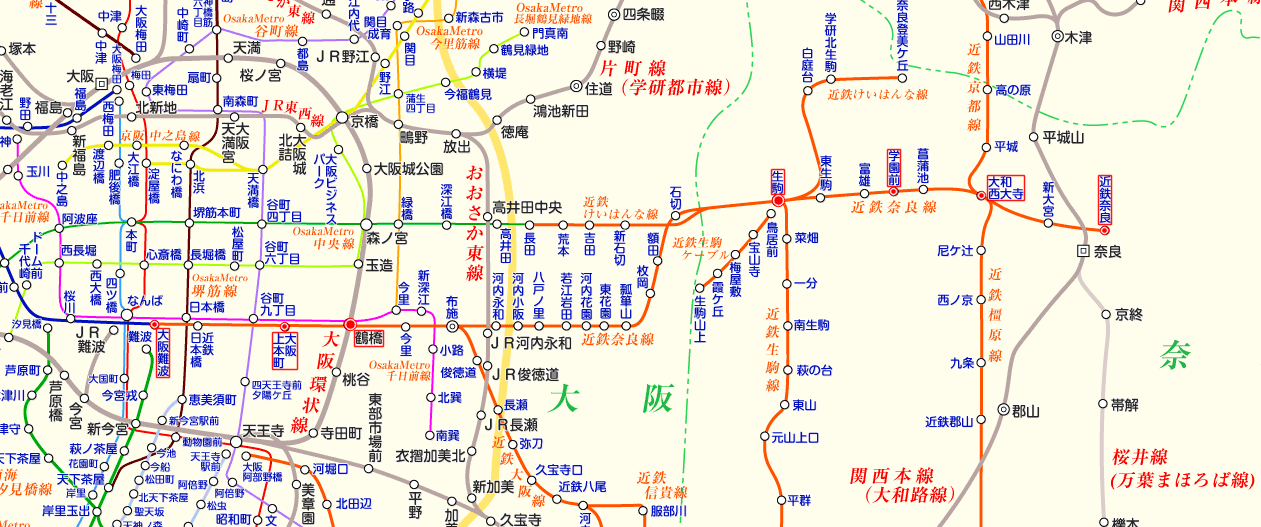 「近鉄特急」「ひのとり号」（大阪⇔奈良）の路線図