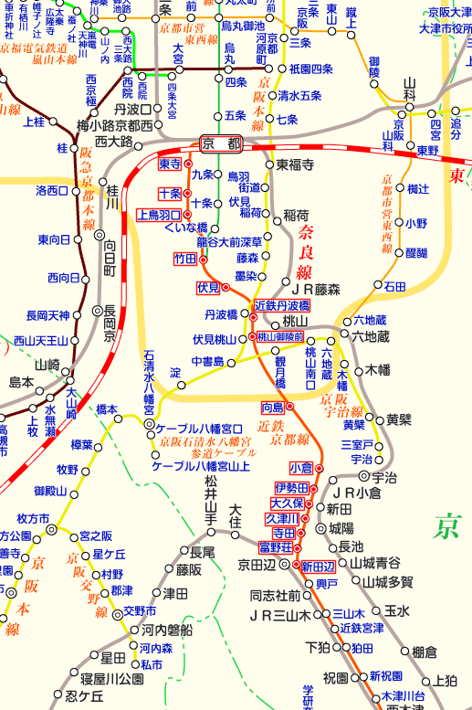 近鉄線 新田辺行き（下り）の路線図