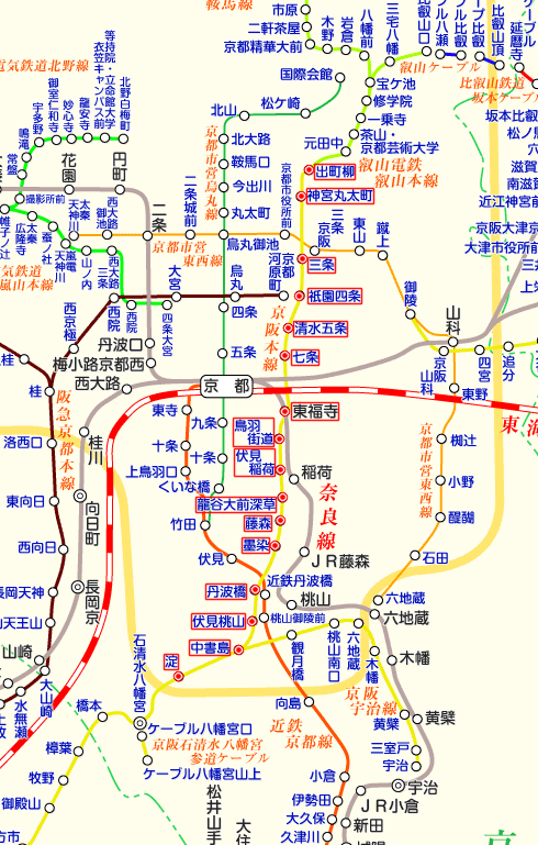 京阪電車 淀行き（下り）の路線図