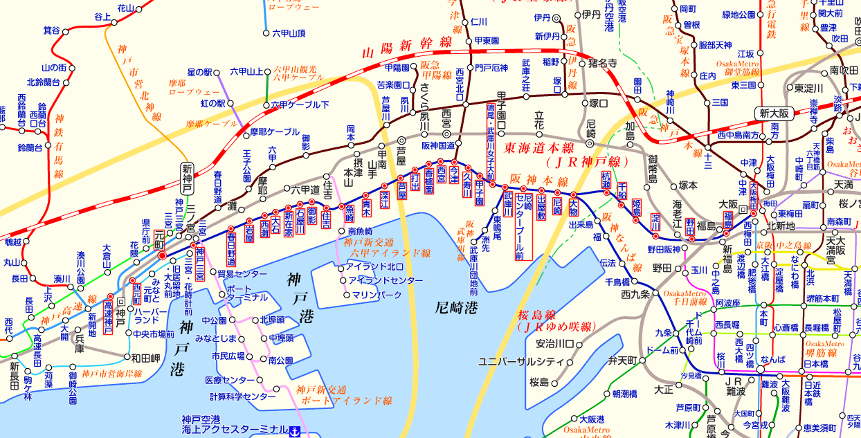 阪神電車 高速神戸行きの路線図