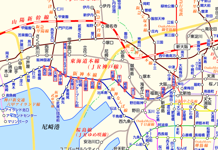阪神電車 西宮行きの路線図