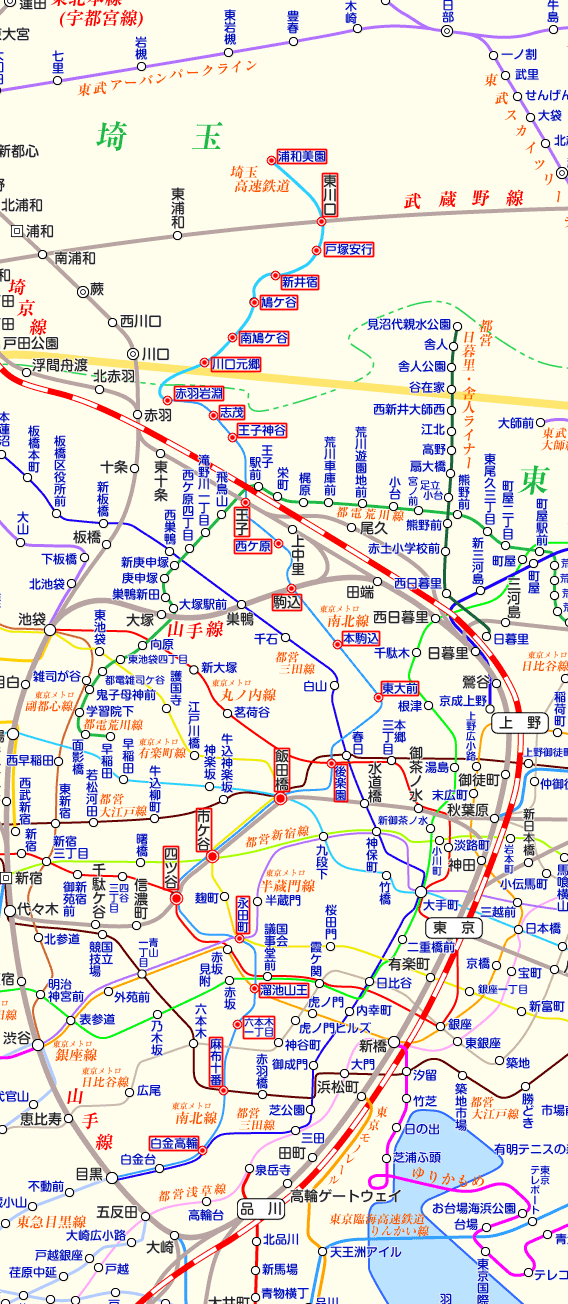 埼玉高速鉄道（埼玉スタジアム線）白金高輪行きの路線図