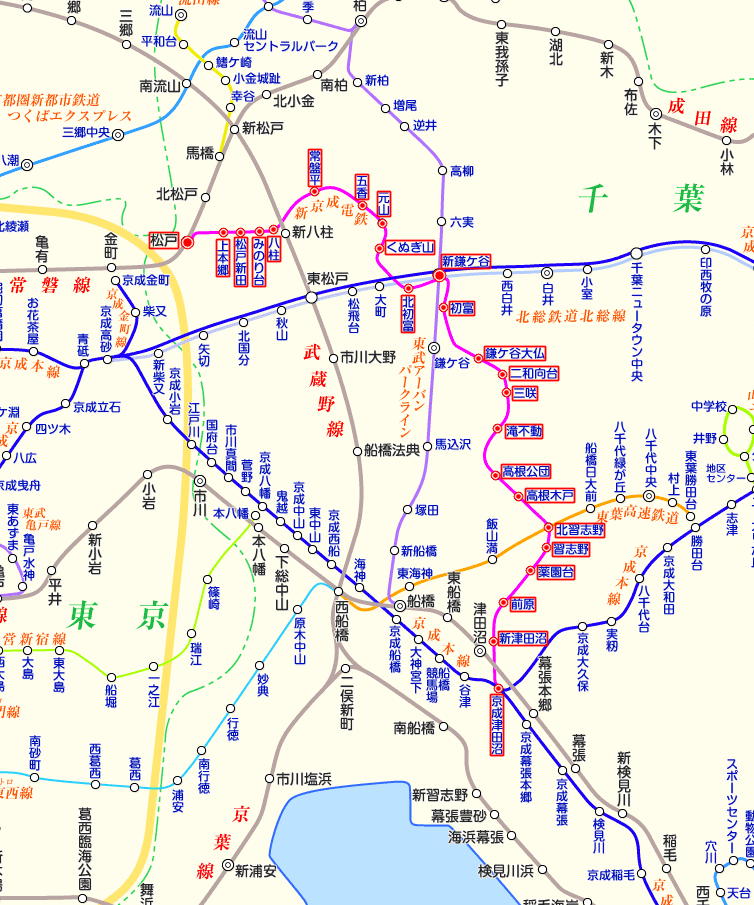 新京成線 京成津田沼行きの路線図