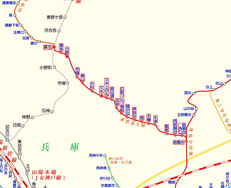 神戸電鉄粟生線の路線図